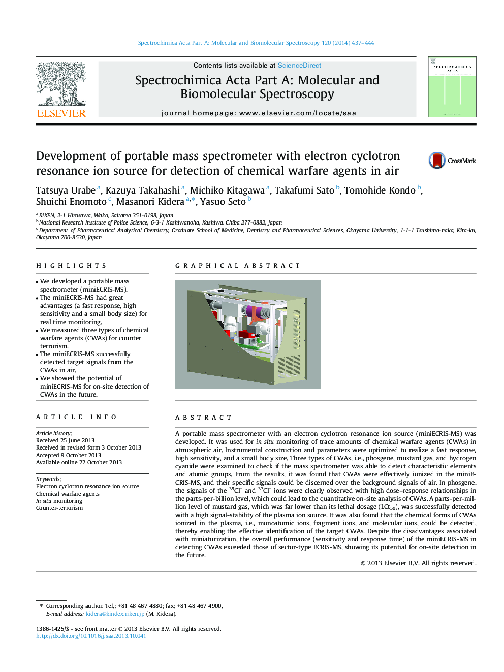 Development of portable mass spectrometer with electron cyclotron resonance ion source for detection of chemical warfare agents in air