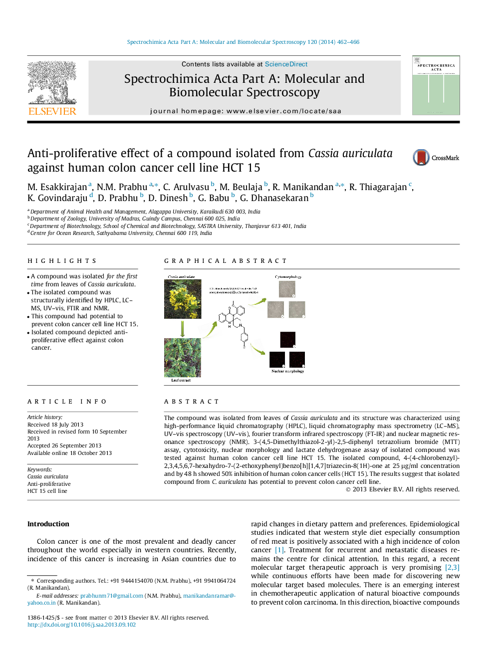 Anti-proliferative effect of a compound isolated from Cassia auriculata against human colon cancer cell line HCT 15