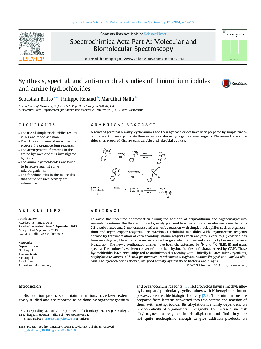 Synthesis, spectral, and anti-microbial studies of thioiminium iodides and amine hydrochlorides