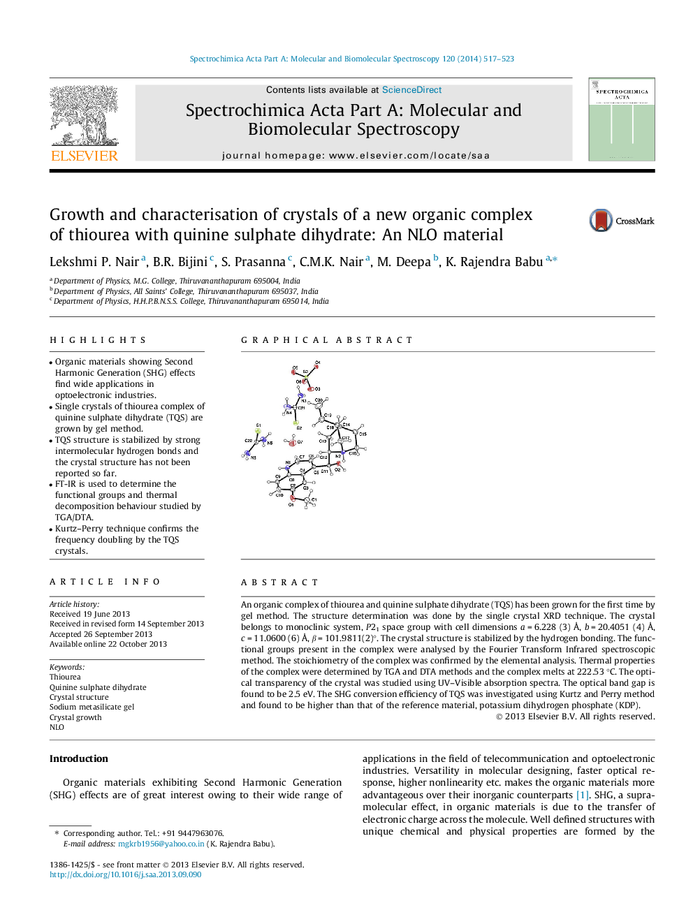 Growth and characterisation of crystals of a new organic complex of thiourea with quinine sulphate dihydrate: An NLO material