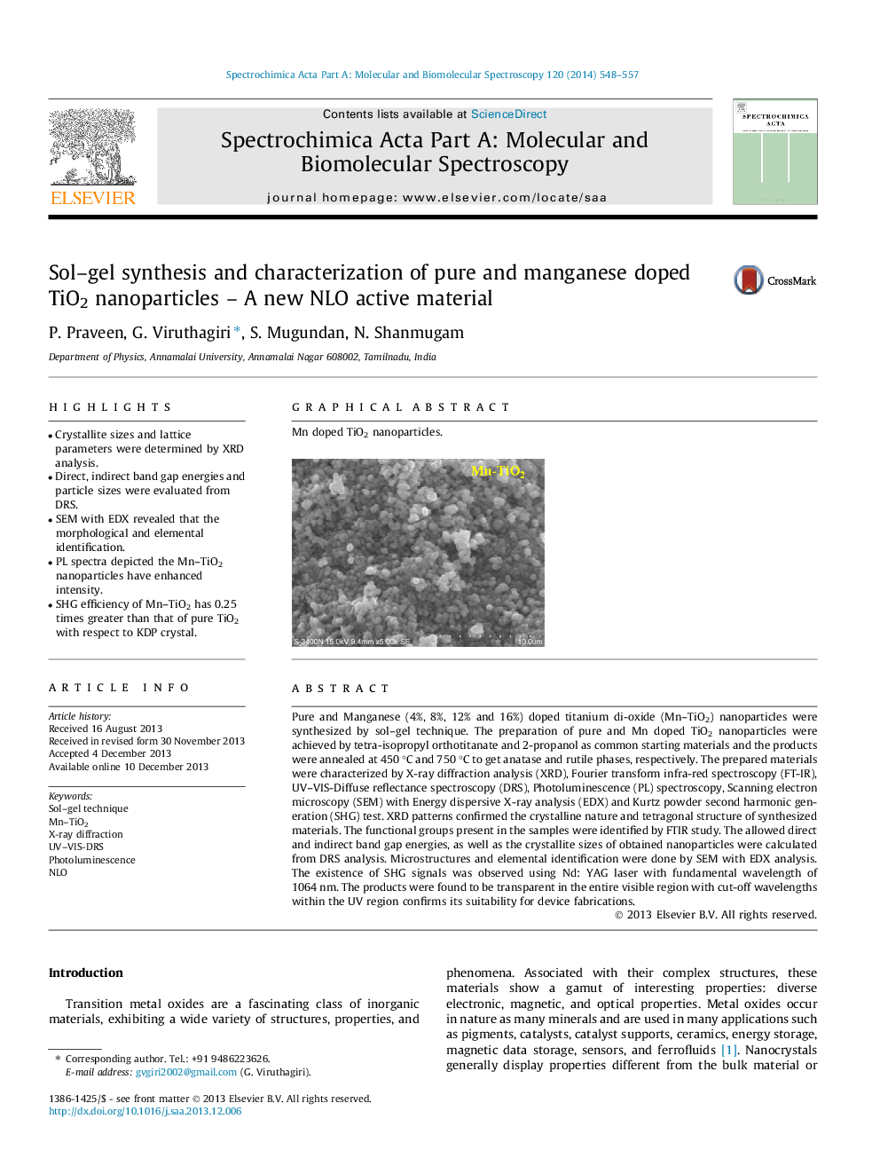 Sol–gel synthesis and characterization of pure and manganese doped TiO2 nanoparticles – A new NLO active material