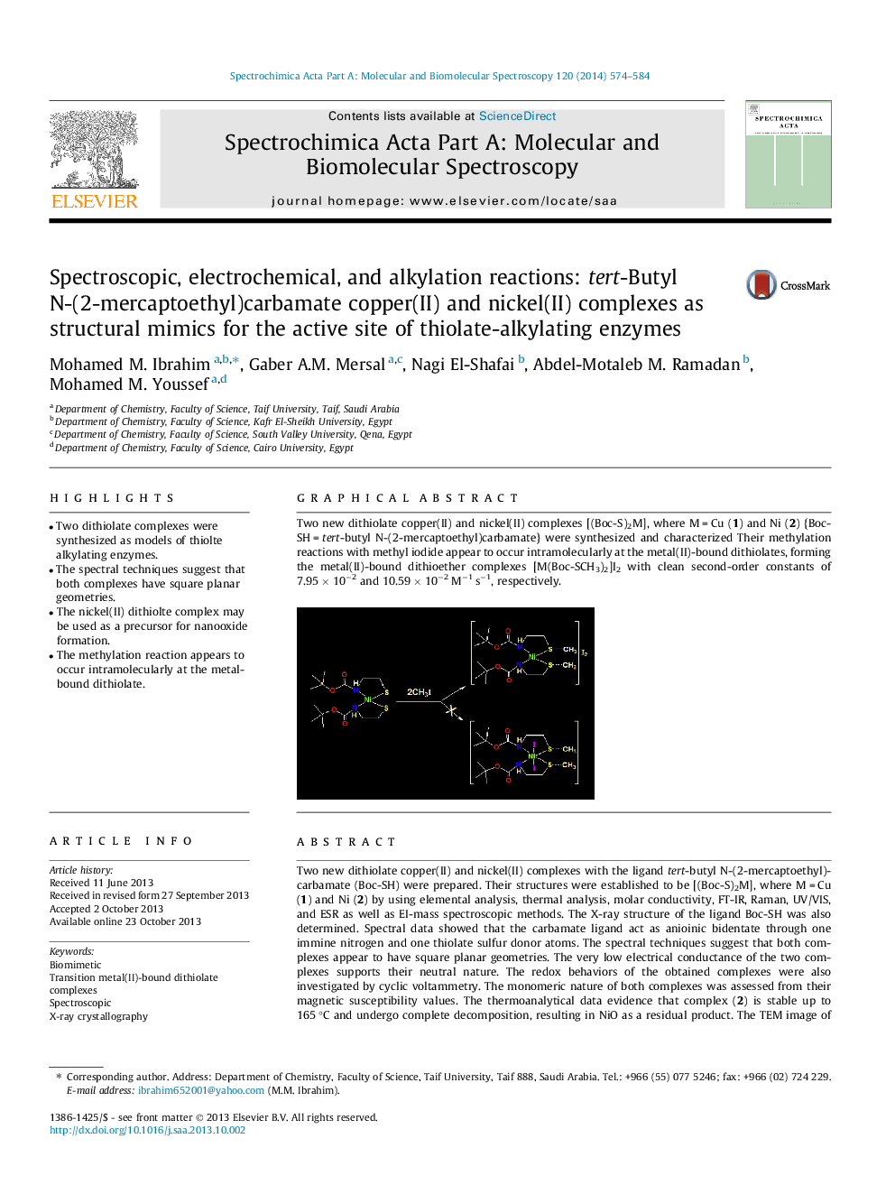 Spectroscopic, electrochemical, and alkylation reactions: tert-Butyl N-(2-mercaptoethyl)carbamate copper(II) and nickel(II) complexes as structural mimics for the active site of thiolate-alkylating enzymes