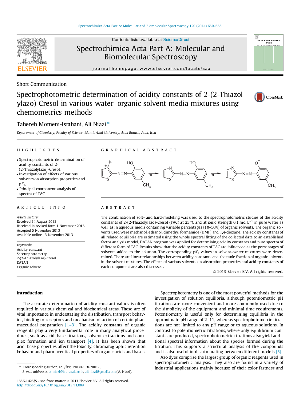 Spectrophotometric determination of acidity constants of 2-(2-Thiazolylazo)-Cresol in various water–organic solvent media mixtures using chemometrics methods