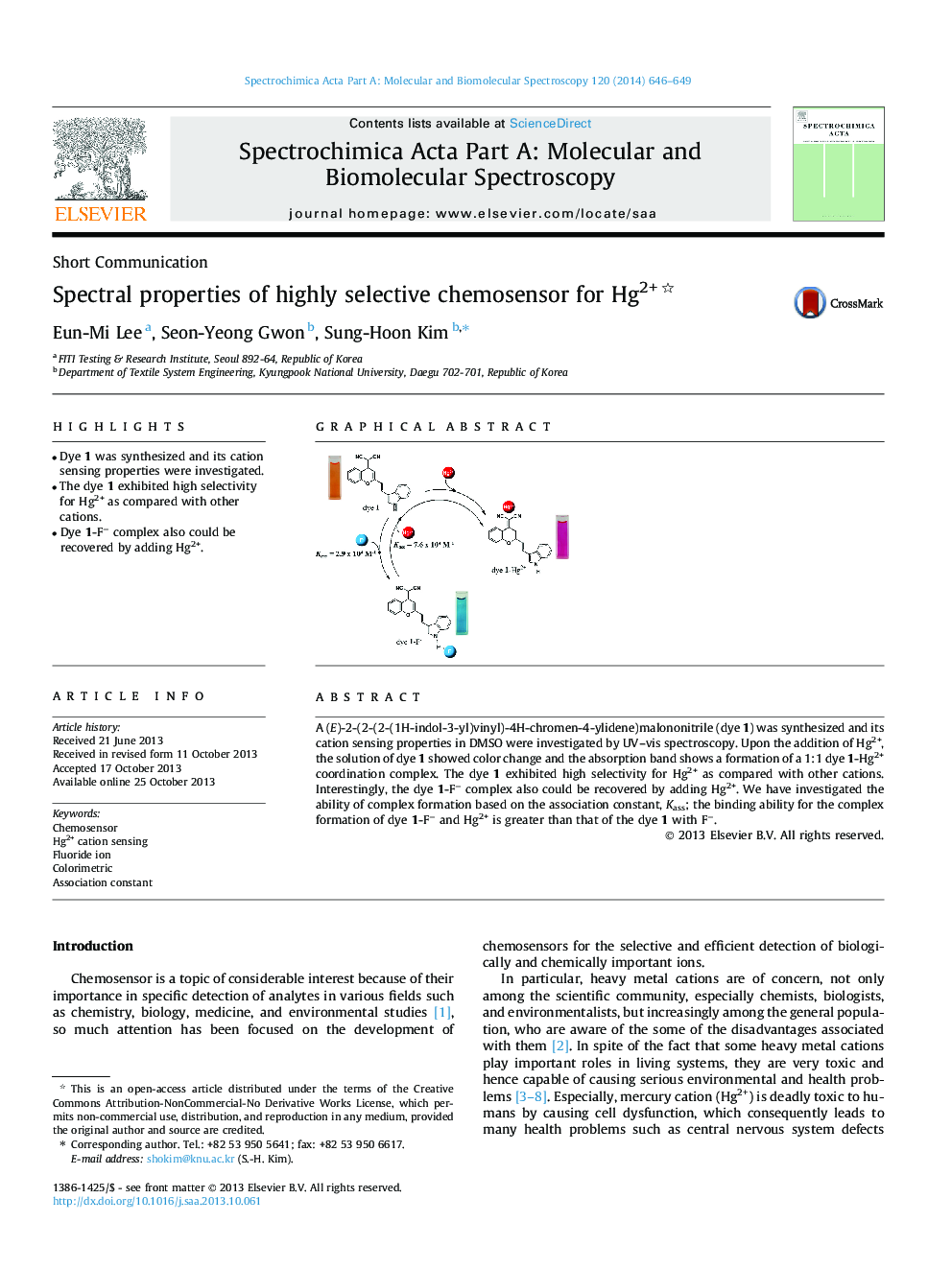 Spectral properties of highly selective chemosensor for Hg2+