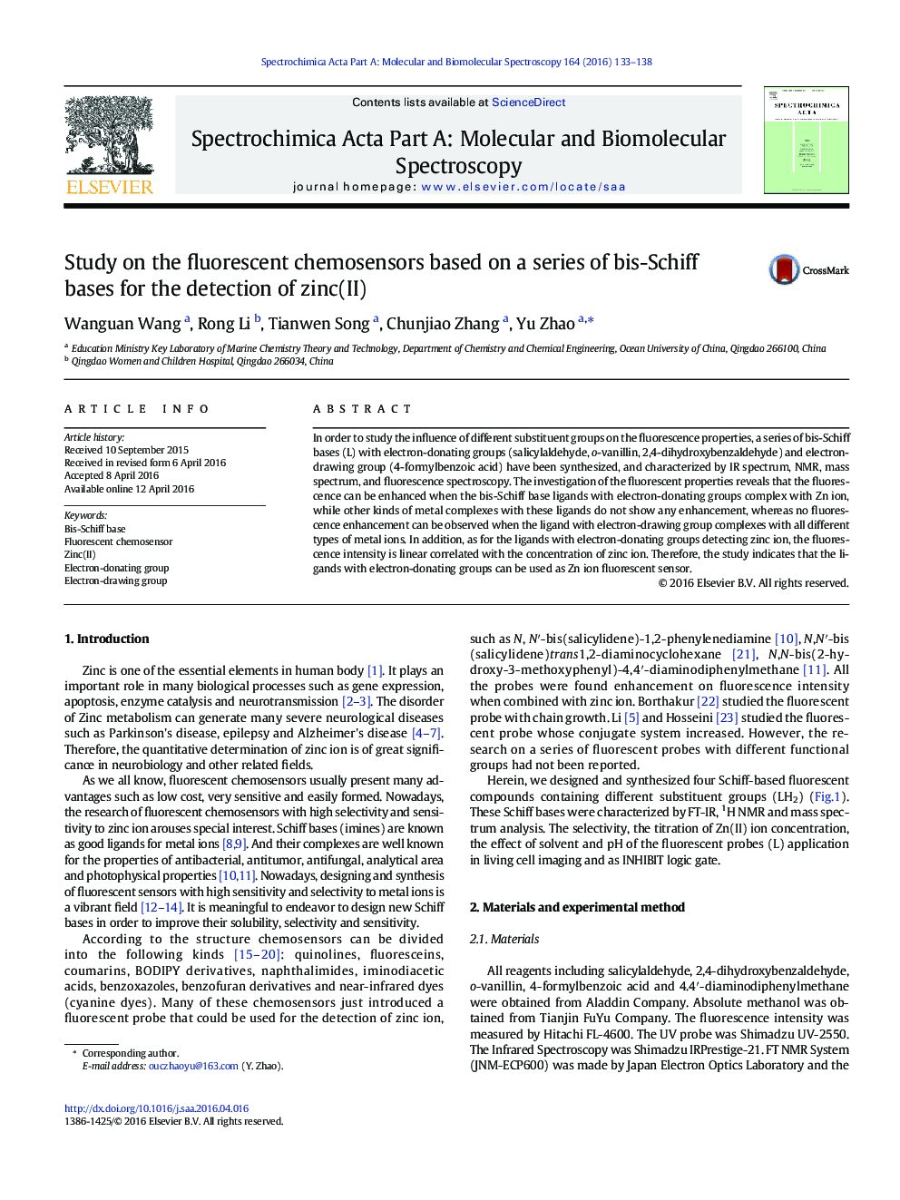 Study on the fluorescent chemosensors based on a series of bis-Schiff bases for the detection of zinc(II)