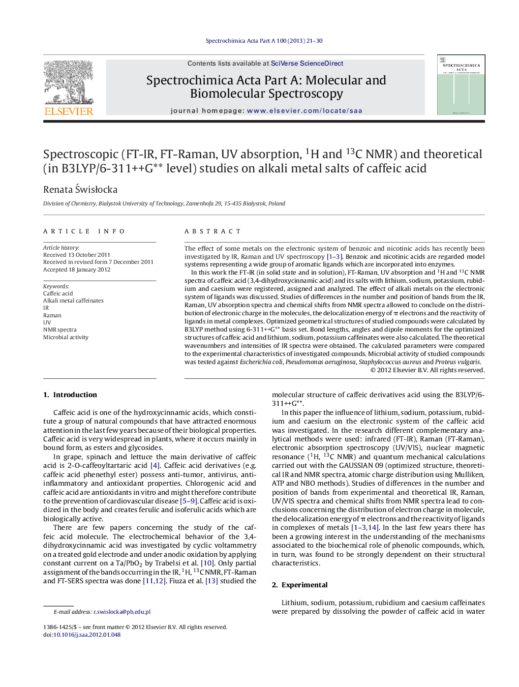 Spectroscopic (FT-IR, FT-Raman, UV absorption, 1H and 13C NMR) and theoretical (in B3LYP/6-311++G** level) studies on alkali metal salts of caffeic acid