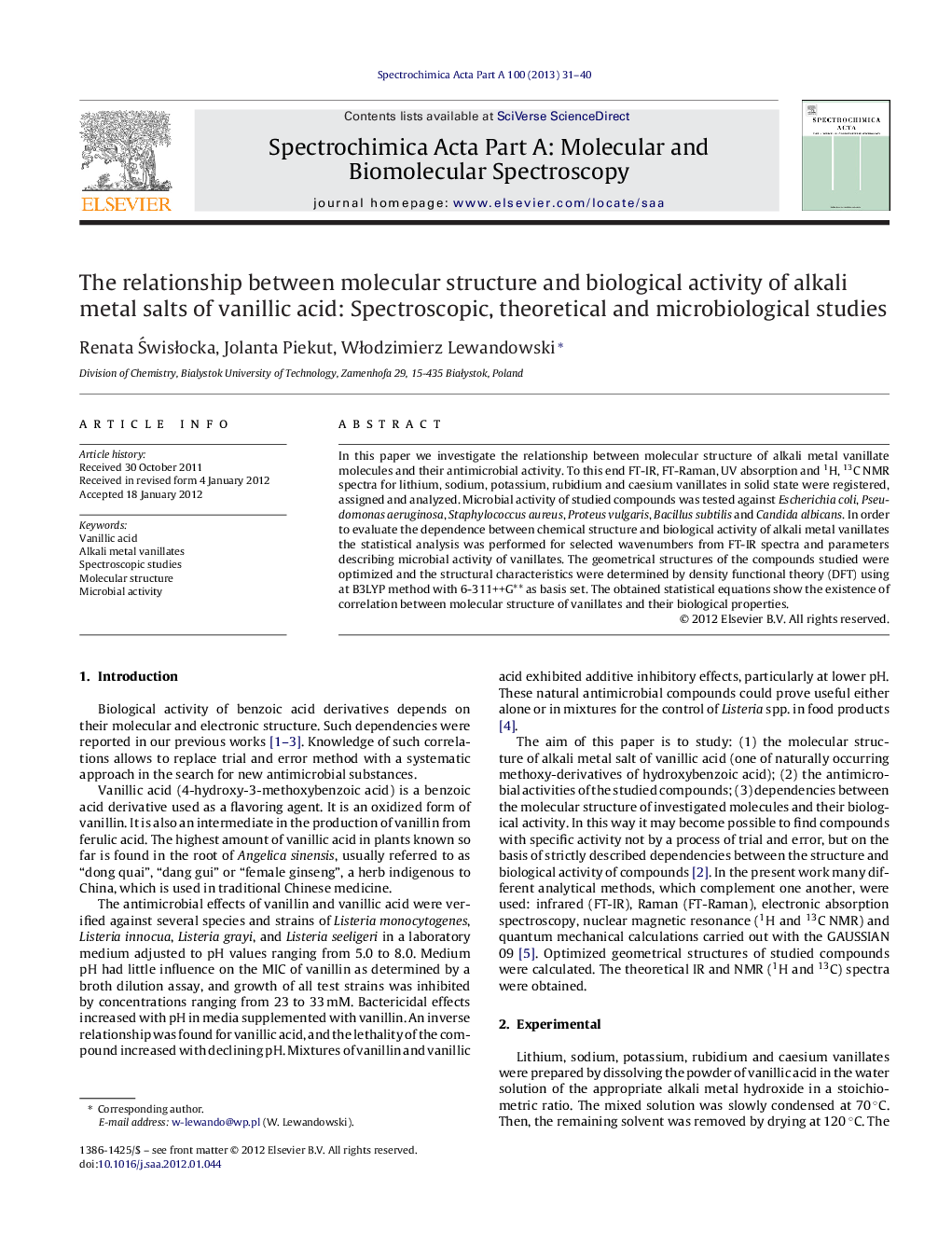 The relationship between molecular structure and biological activity of alkali metal salts of vanillic acid: Spectroscopic, theoretical and microbiological studies