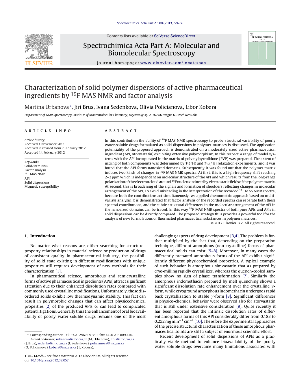 Characterization of solid polymer dispersions of active pharmaceutical ingredients by 19F MAS NMR and factor analysis