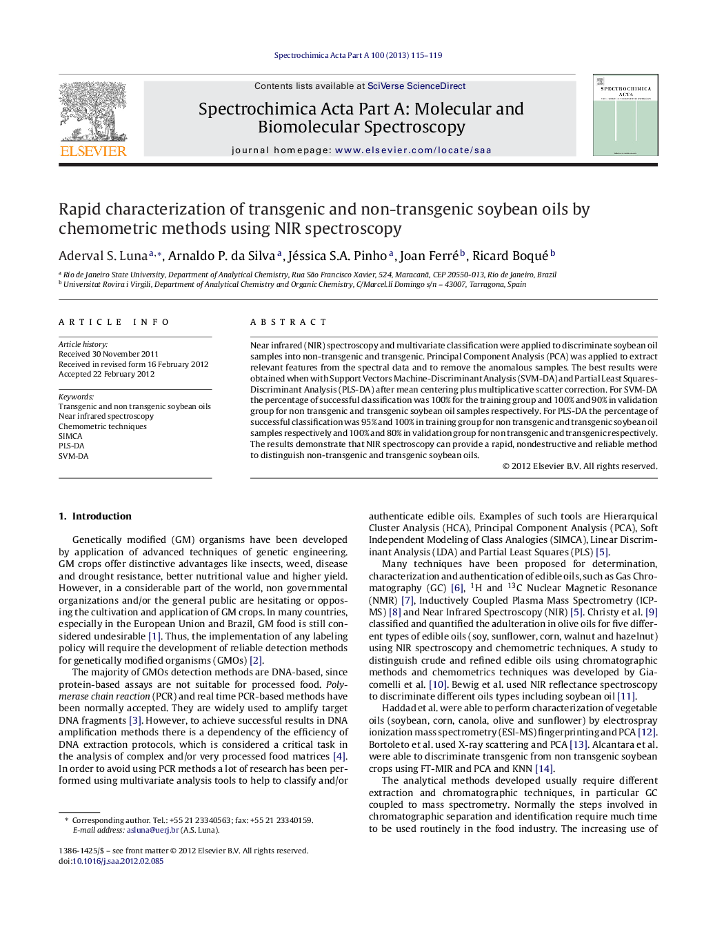 Rapid characterization of transgenic and non-transgenic soybean oils by chemometric methods using NIR spectroscopy