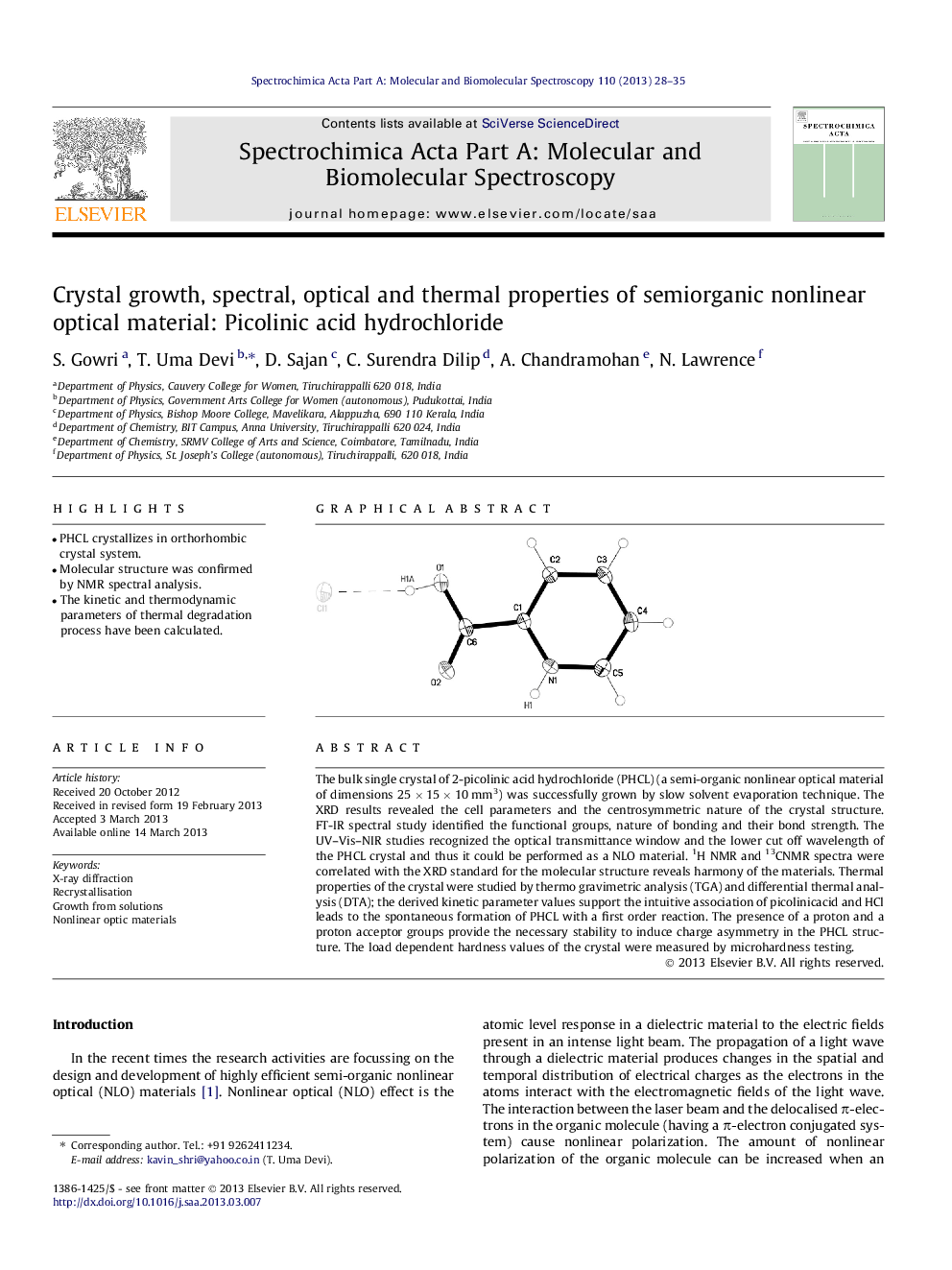 Crystal growth, spectral, optical and thermal properties of semiorganic nonlinear optical material: Picolinic acid hydrochloride