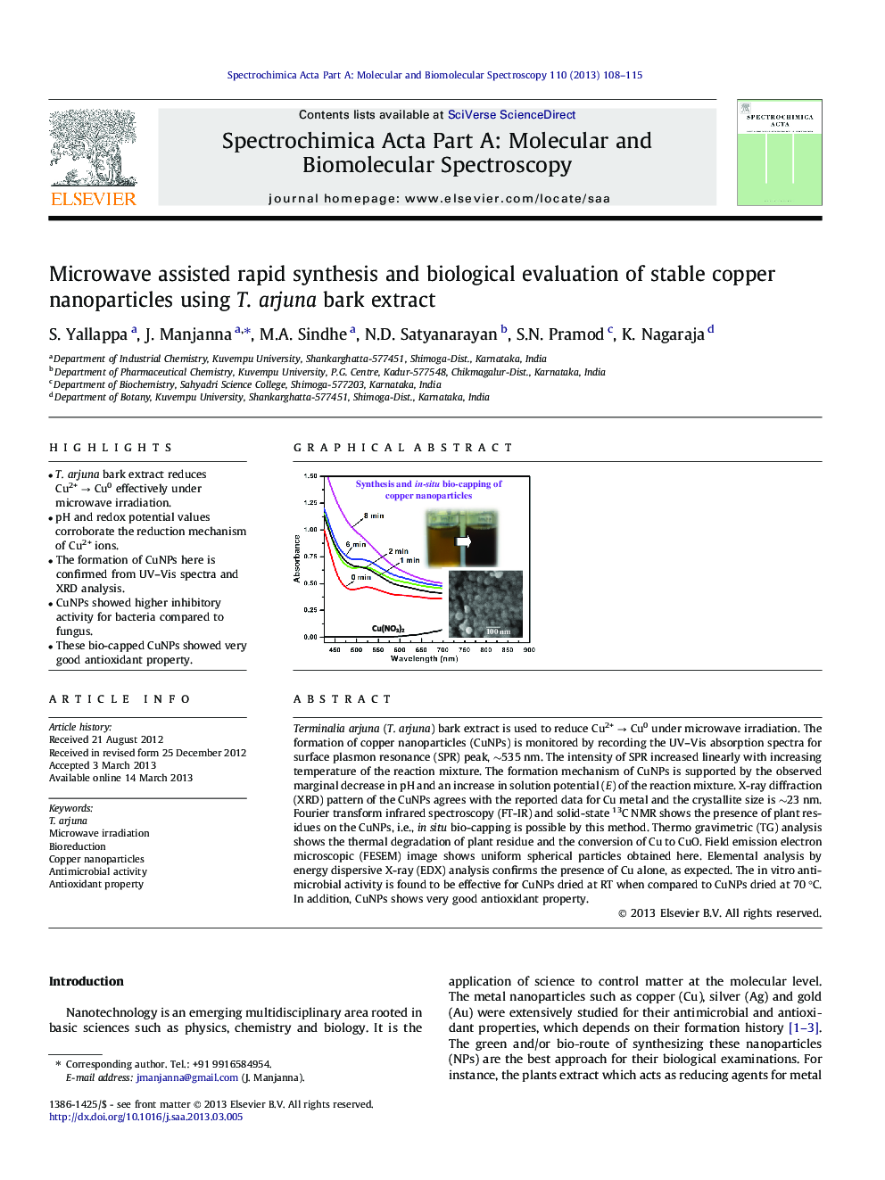 Microwave assisted rapid synthesis and biological evaluation of stable copper nanoparticles using T. arjuna bark extract