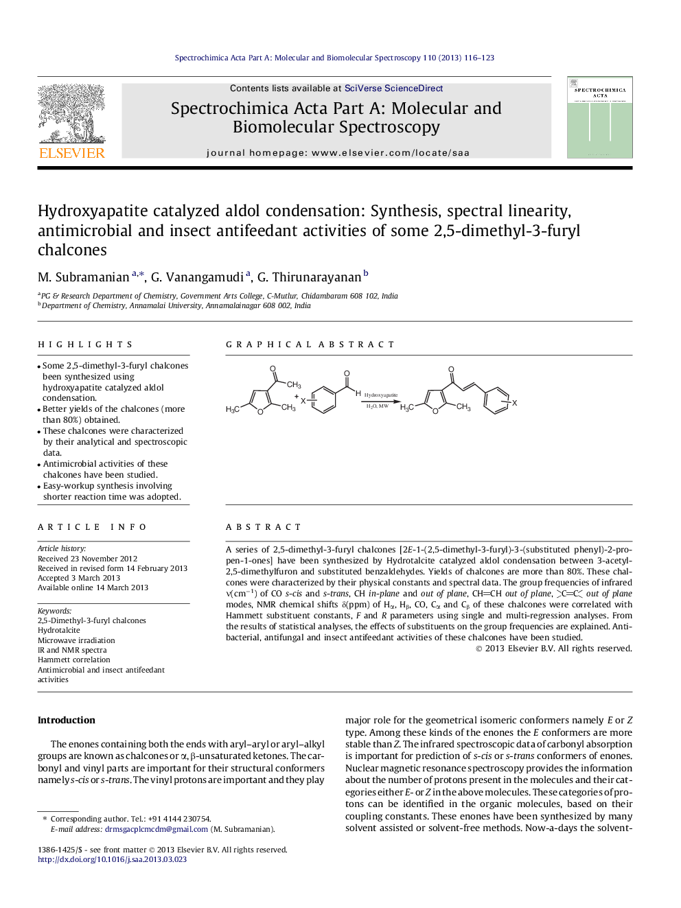 Hydroxyapatite catalyzed aldol condensation: Synthesis, spectral linearity, antimicrobial and insect antifeedant activities of some 2,5-dimethyl-3-furyl chalcones