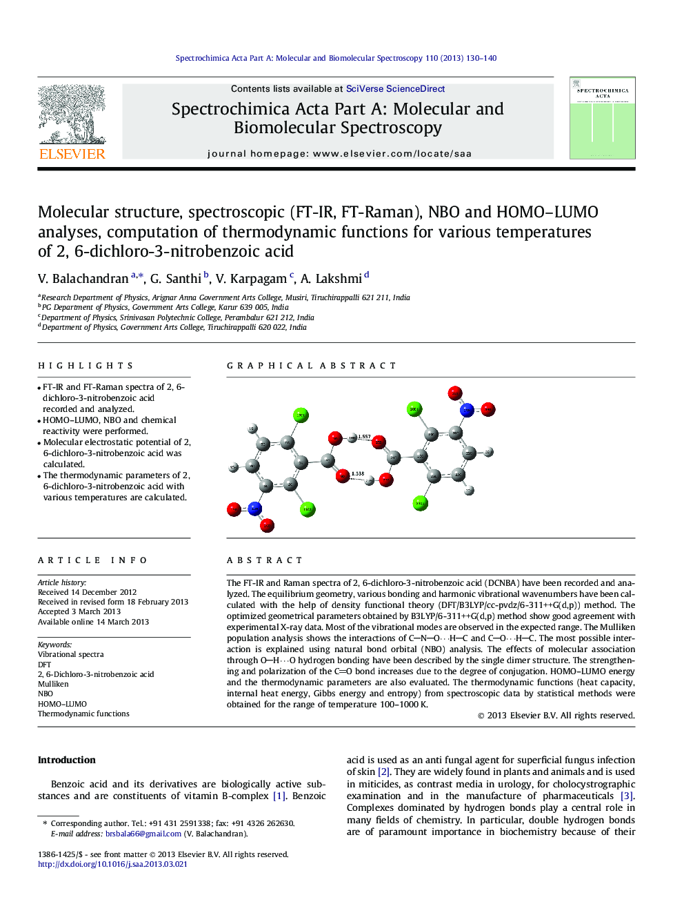 Molecular structure, spectroscopic (FT-IR, FT-Raman), NBO and HOMO–LUMO analyses, computation of thermodynamic functions for various temperatures of 2, 6-dichloro-3-nitrobenzoic acid