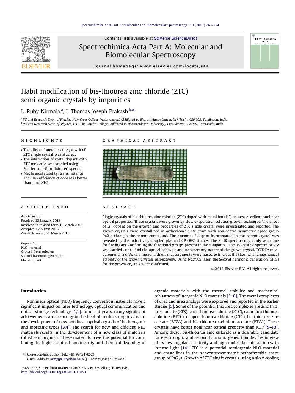 Habit modification of bis-thiourea zinc chloride (ZTC) semi organic crystals by impurities