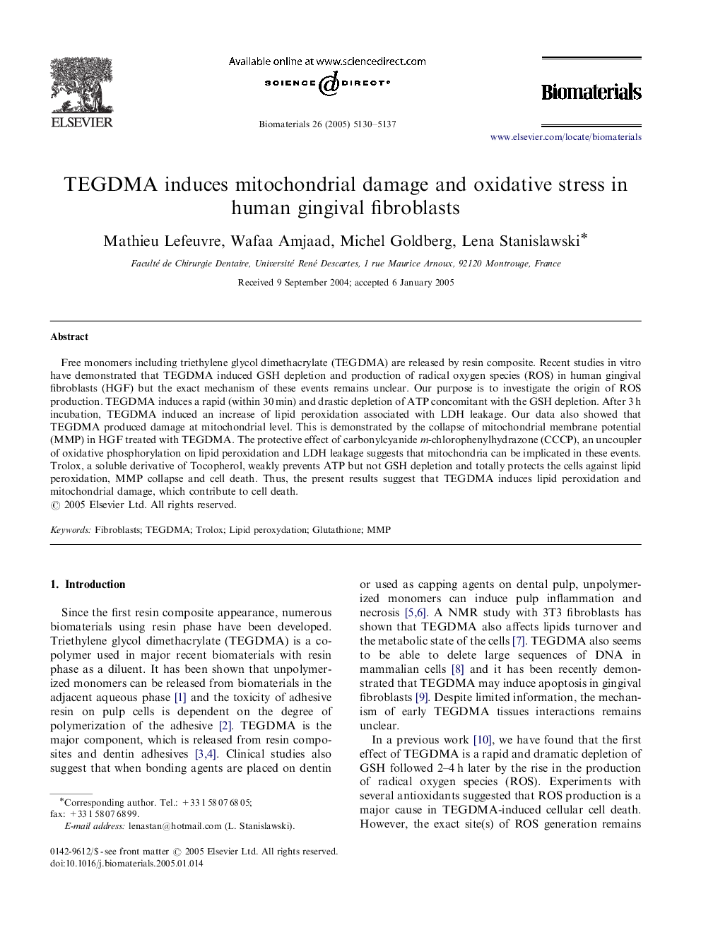 TEGDMA induces mitochondrial damage and oxidative stress in human gingival fibroblasts