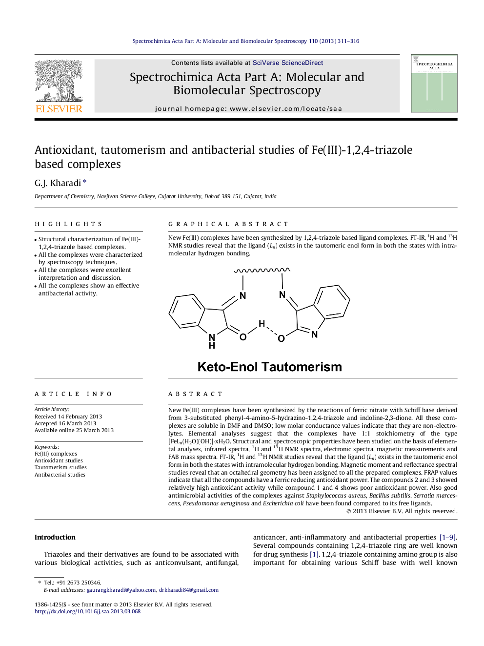 Antioxidant, tautomerism and antibacterial studies of Fe(III)-1,2,4-triazole based complexes