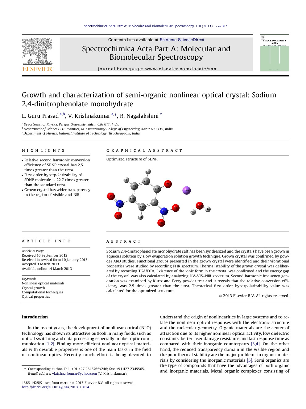 Growth and characterization of semi-organic nonlinear optical crystal: Sodium 2,4-dinitrophenolate monohydrate
