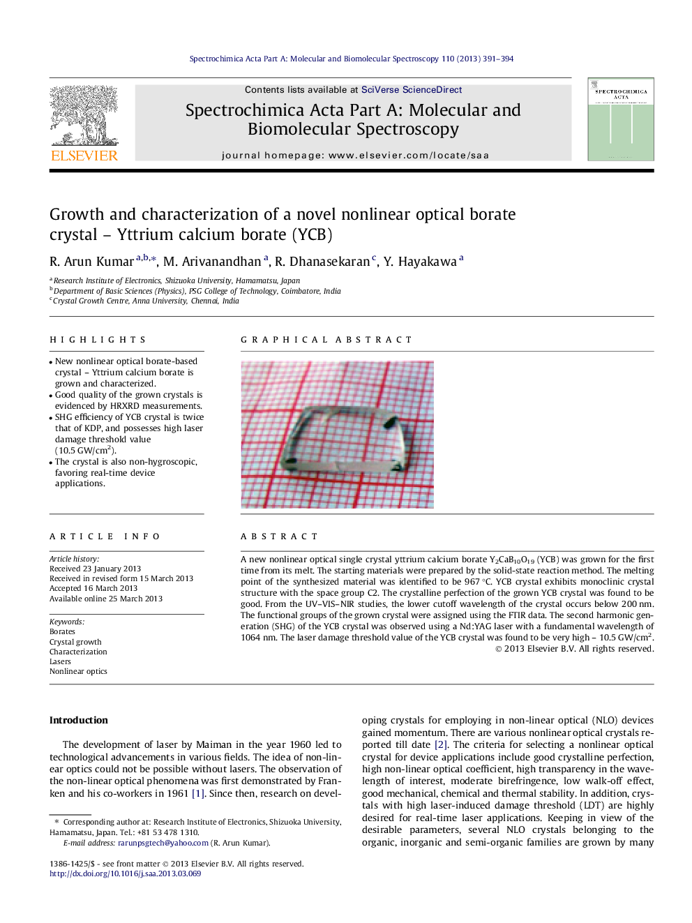 Growth and characterization of a novel nonlinear optical borate crystal – Yttrium calcium borate (YCB)