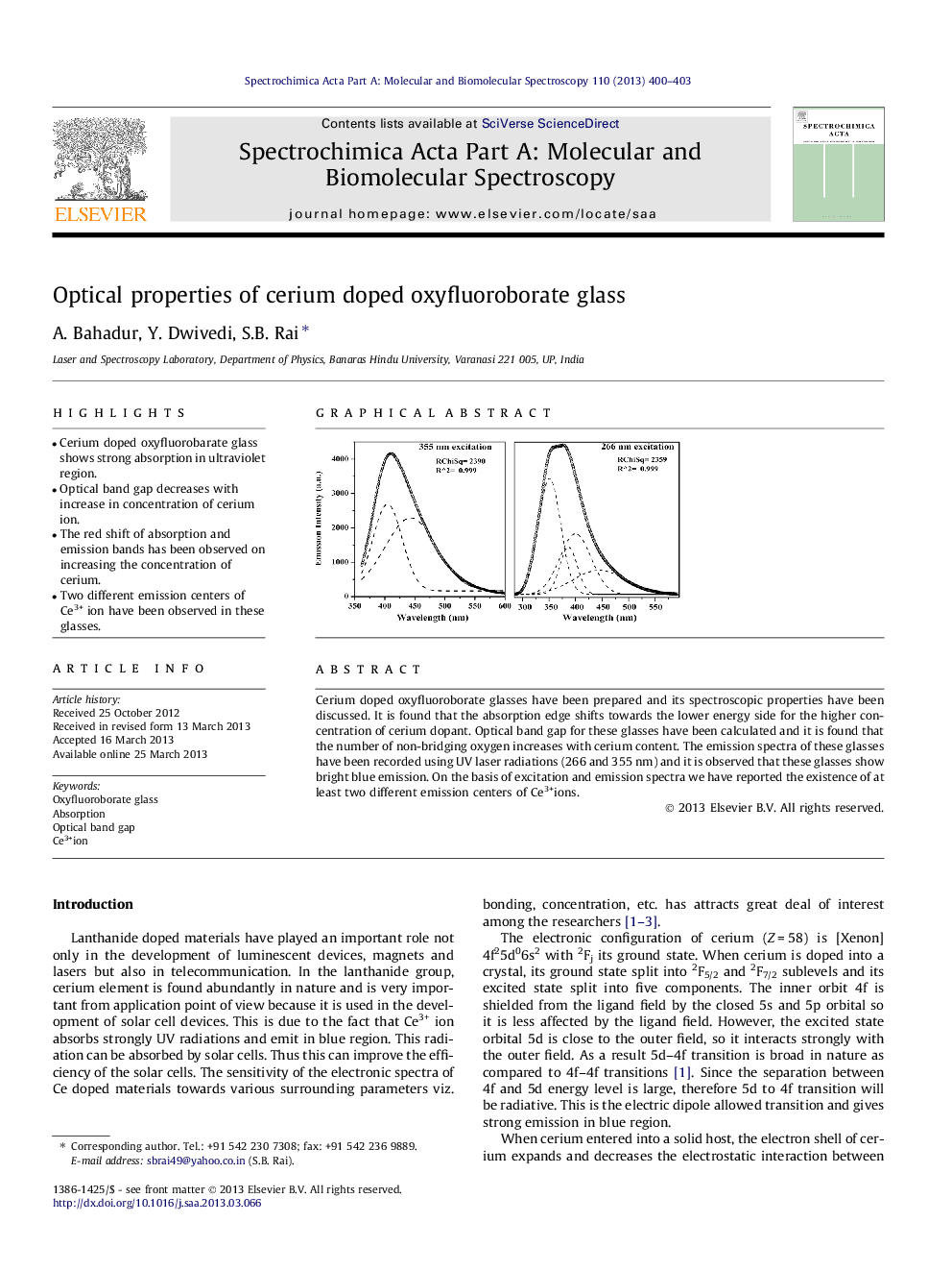 Optical properties of cerium doped oxyfluoroborate glass