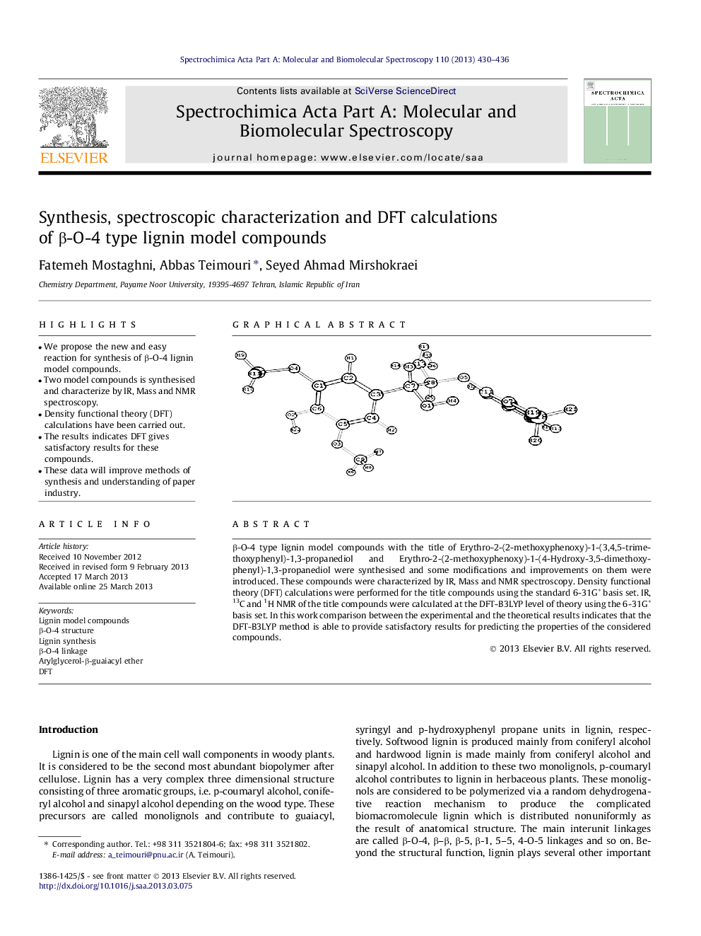 Synthesis, spectroscopic characterization and DFT calculations of β-O-4 type lignin model compounds