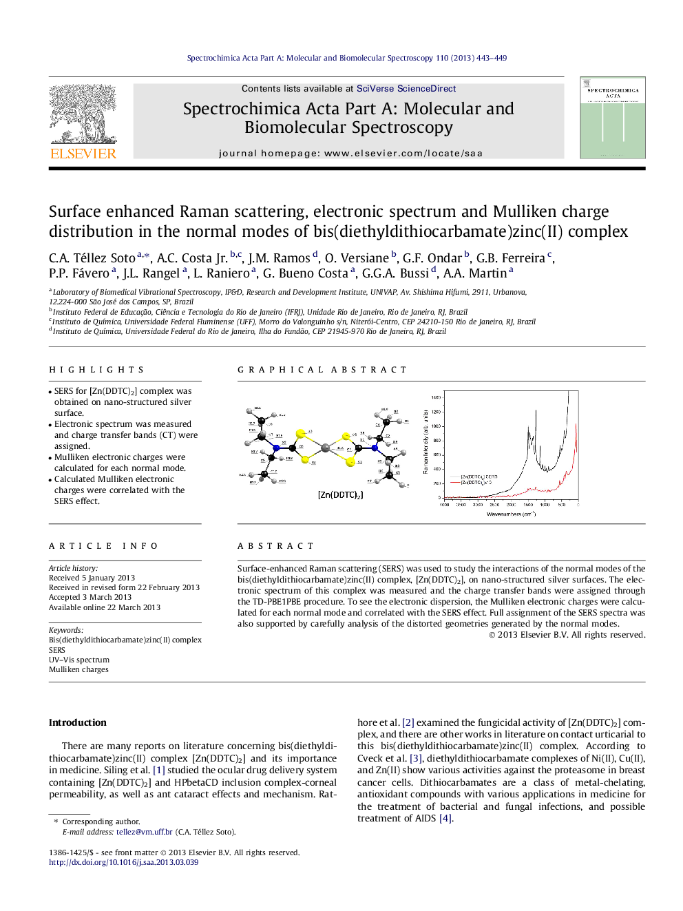 Surface enhanced Raman scattering, electronic spectrum and Mulliken charge distribution in the normal modes of bis(diethyldithiocarbamate)zinc(II) complex