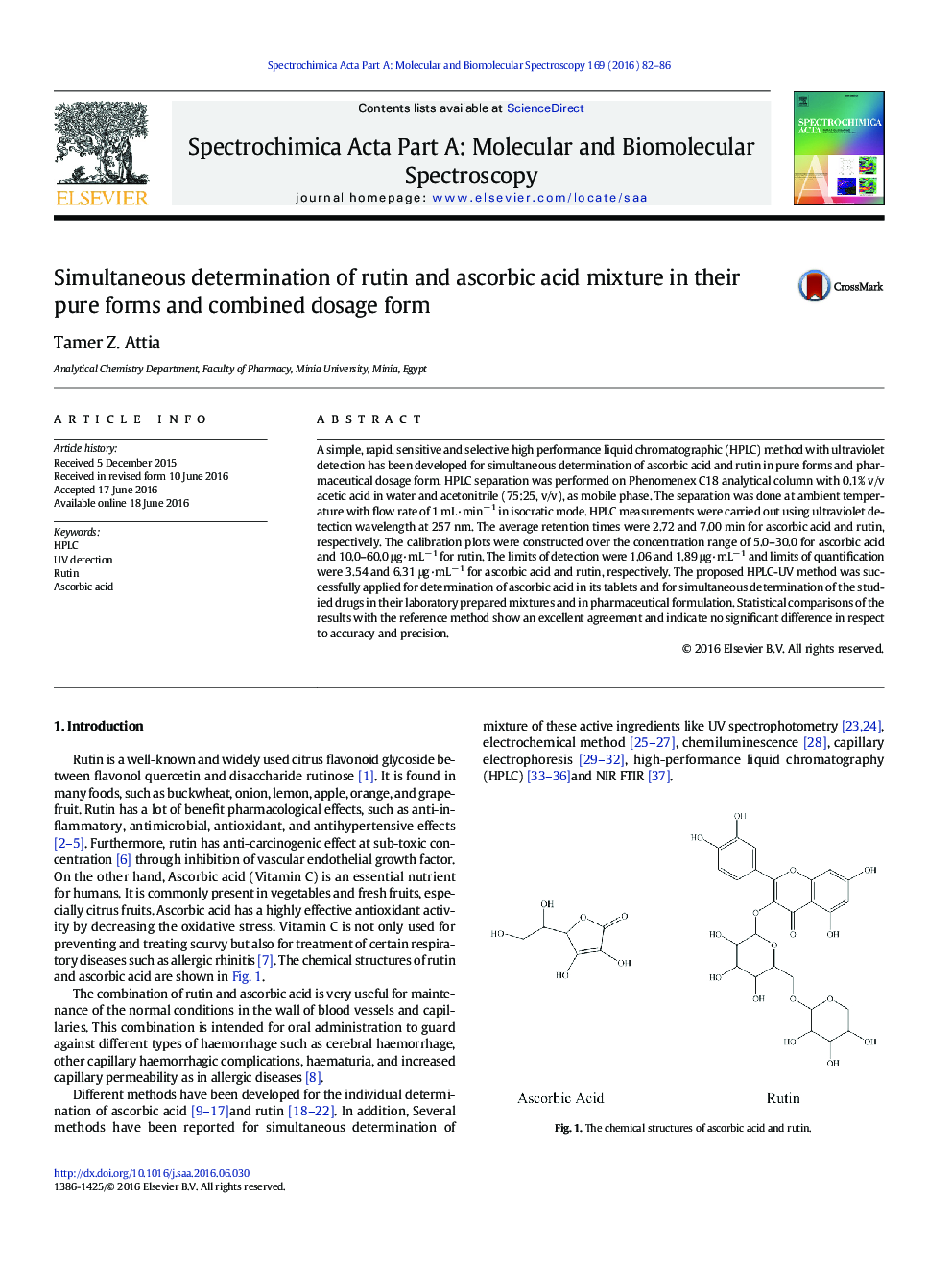 تعیین همزمان ترکیب مخلوط روتین و اسید اسکوربیک در فرم های خالص و فرم دوزهای ترکیبی 