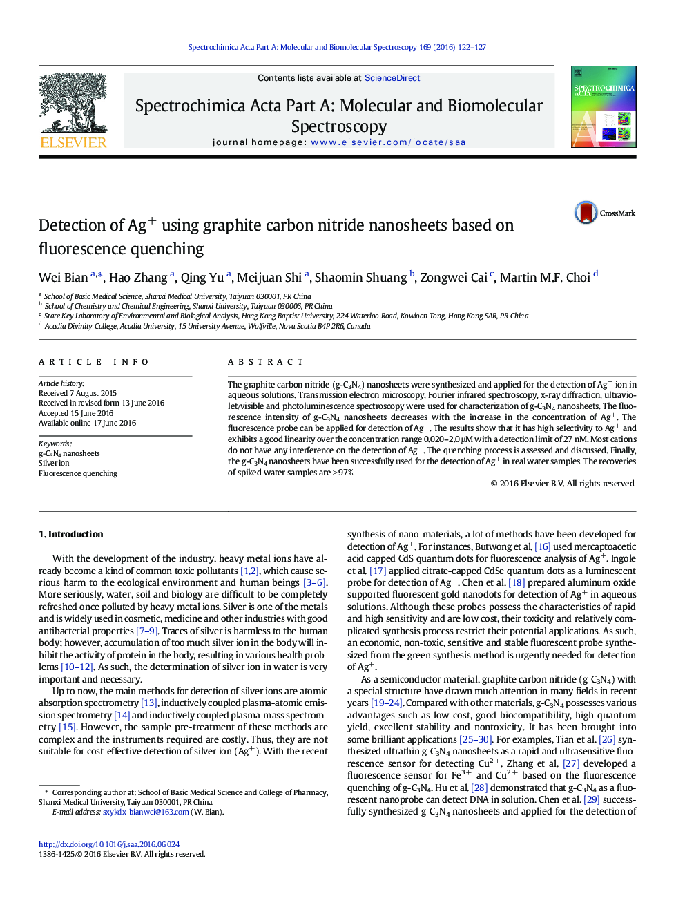 Detection of Ag+ using graphite carbon nitride nanosheets based on fluorescence quenching