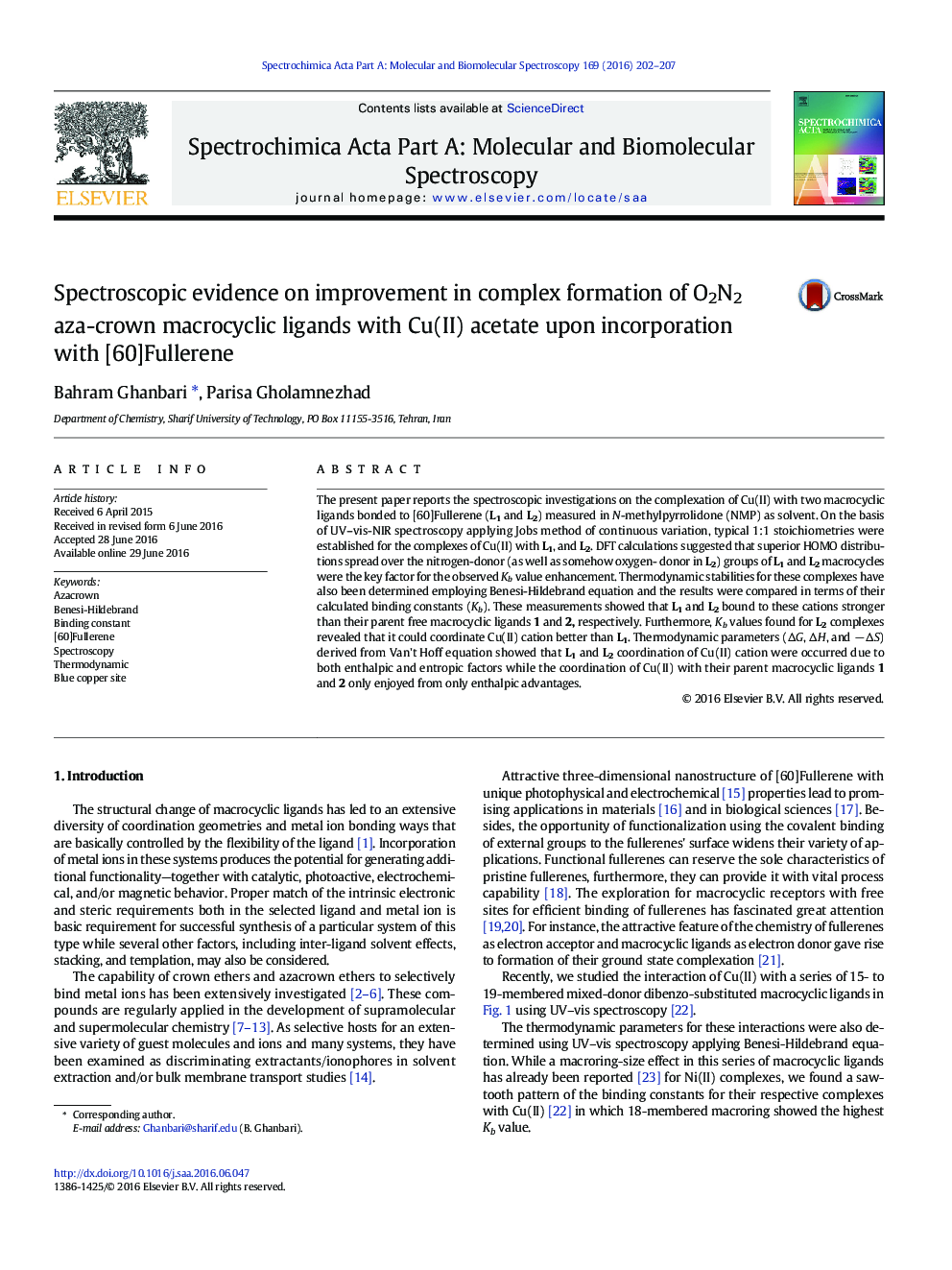 Spectroscopic evidence on improvement in complex formation of O2N2 aza-crown macrocyclic ligands with Cu(II) acetate upon incorporation with [60]Fullerene