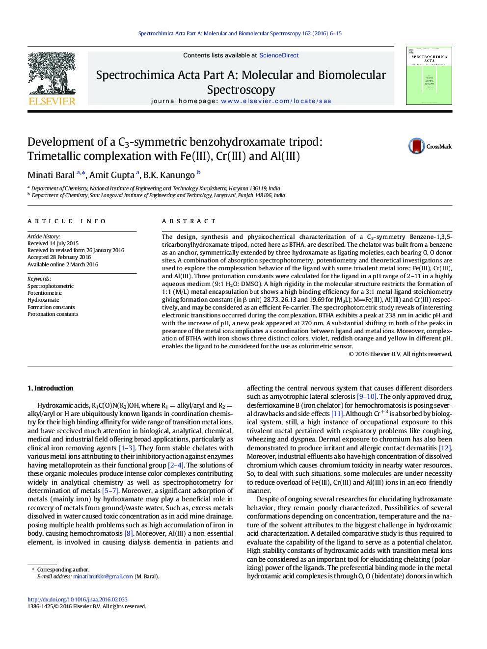 Development of a C3-symmetric benzohydroxamate tripod: Trimetallic complexation with Fe(III), Cr(III) and Al(III)