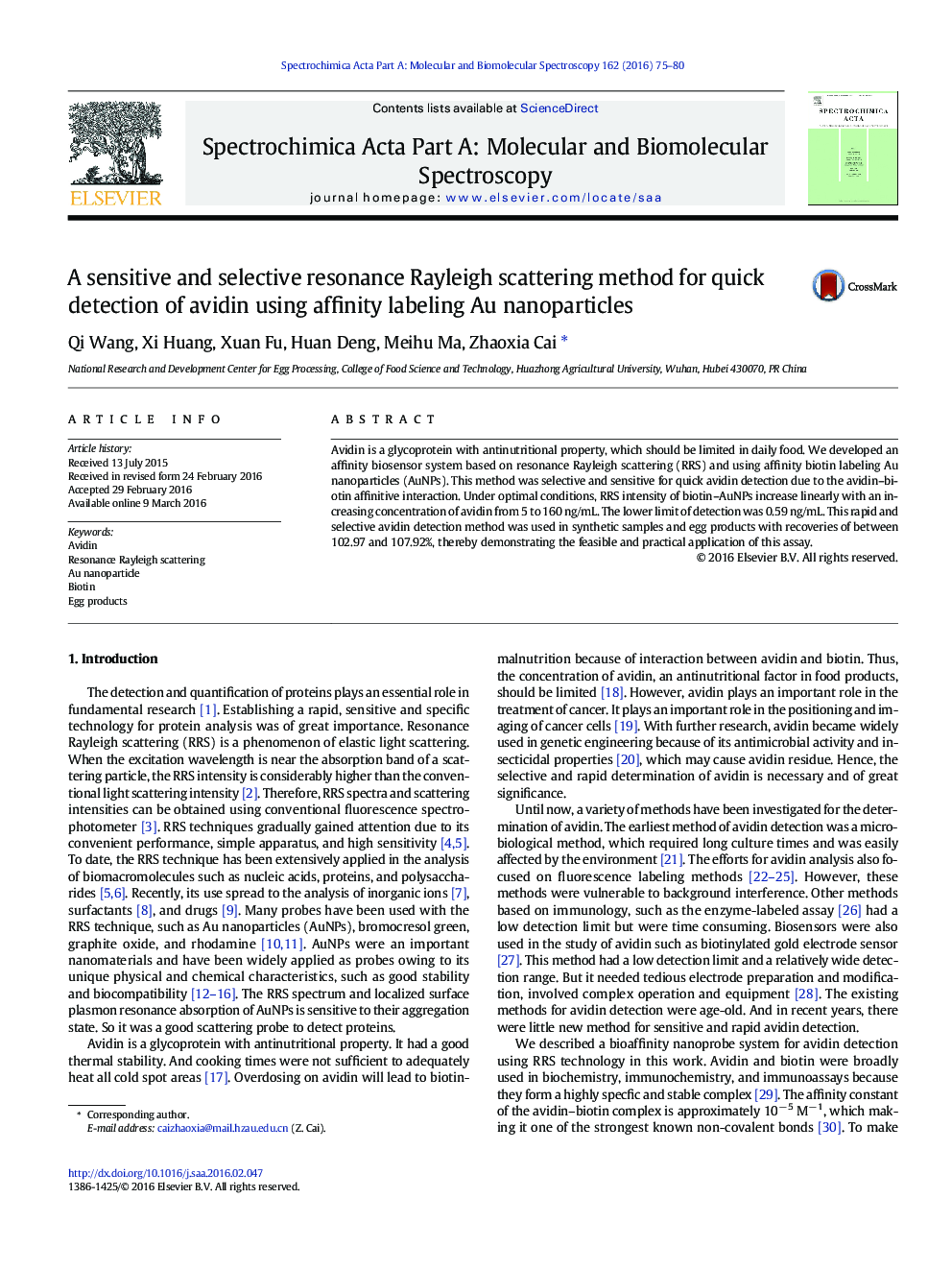 A sensitive and selective resonance Rayleigh scattering method for quick detection of avidin using affinity labeling Au nanoparticles