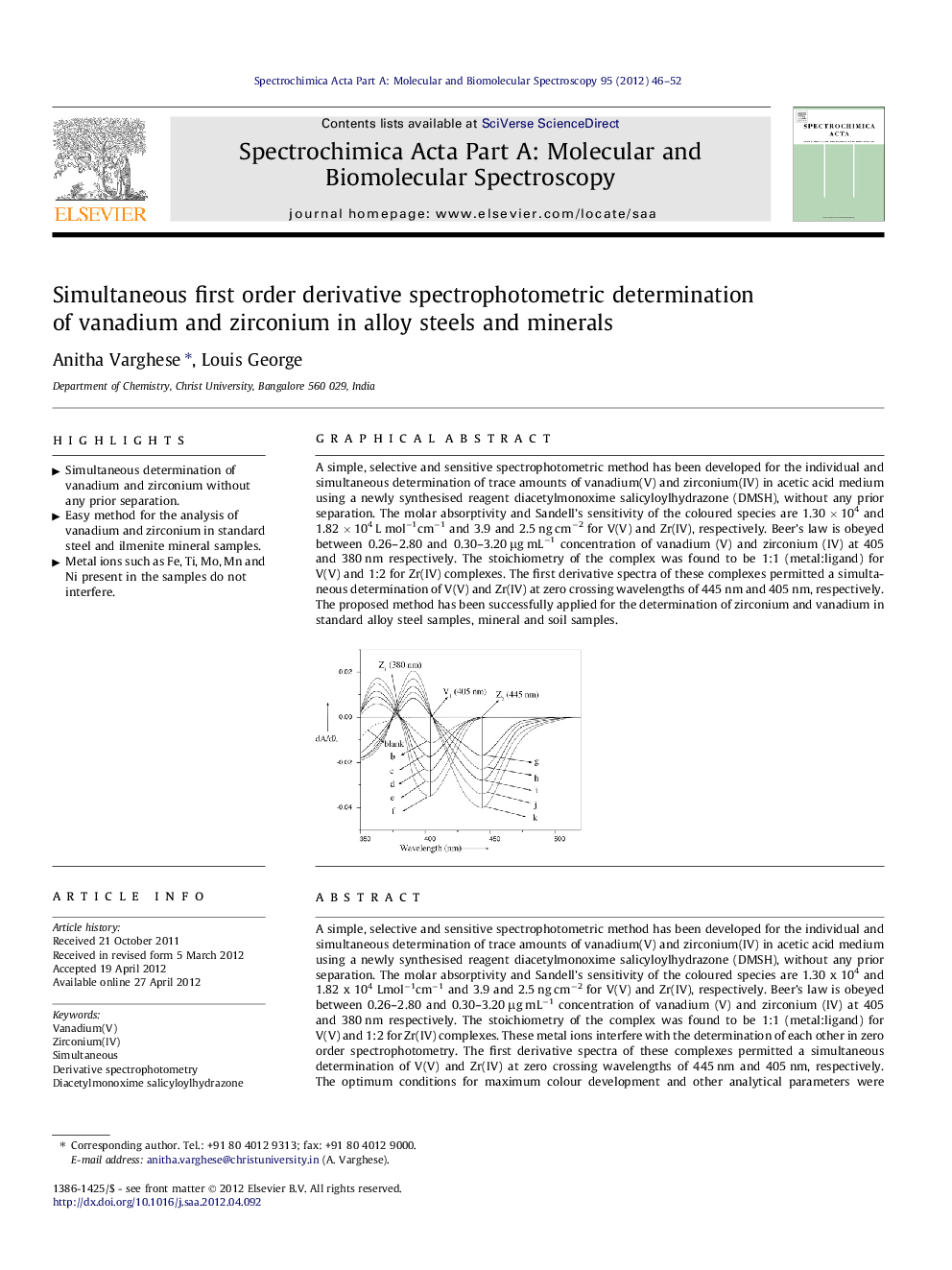 Simultaneous first order derivative spectrophotometric determination of vanadium and zirconium in alloy steels and minerals