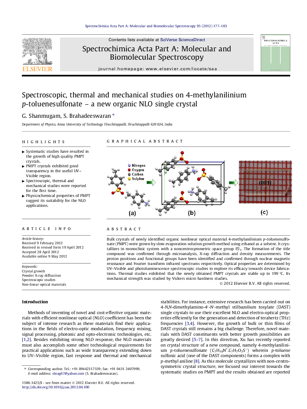 Spectroscopic, thermal and mechanical studies on 4-methylanilinium p-toluenesulfonate – a new organic NLO single crystal