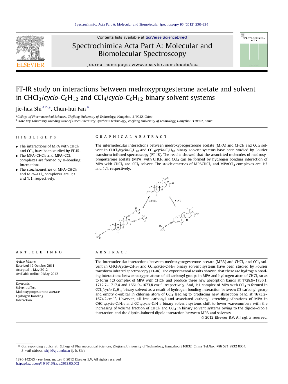 FT-IR study on interactions between medroxyprogesterone acetate and solvent in CHCl3/cyclo-C6H12 and CCl4/cyclo-C6H12 binary solvent systems