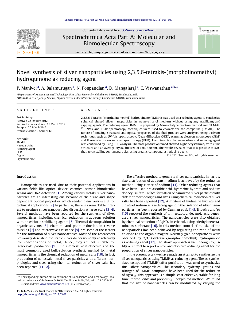 Novel synthesis of silver nanoparticles using 2,3,5,6-tetrakis-(morpholinomethyl) hydroquinone as reducing agent