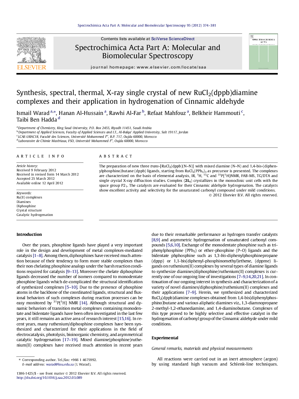 Synthesis, spectral, thermal, X-ray single crystal of new RuCl2(dppb)diamine complexes and their application in hydrogenation of Cinnamic aldehyde