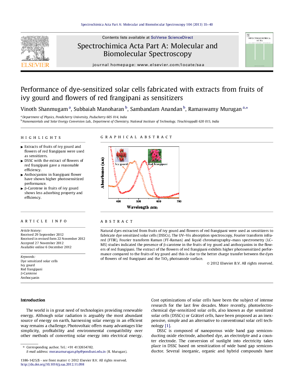 عکس صفحه اول مقاله: Performance of dye-sensitized solar cells fabricated with extracts from fruits of ivy gourd and flowers of red frangipani as sensitizers Performance of dye-sensitized solar cells fabricated with extracts from fruits of ivy gourd and flowers of red frangipani as sensitizers