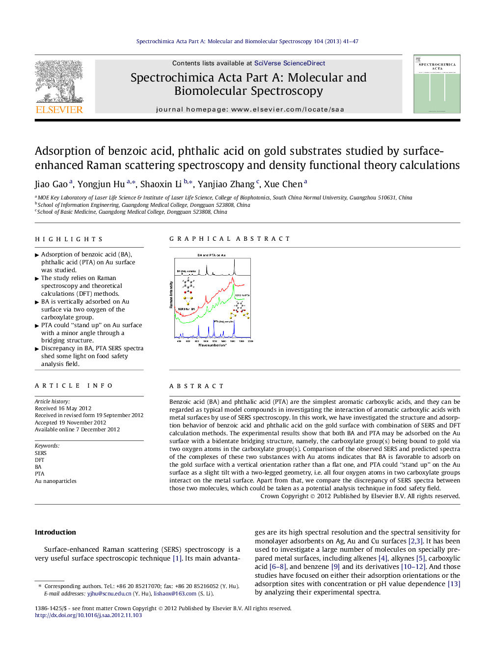 Adsorption of benzoic acid, phthalic acid on gold substrates studied by surface-enhanced Raman scattering spectroscopy and density functional theory calculations