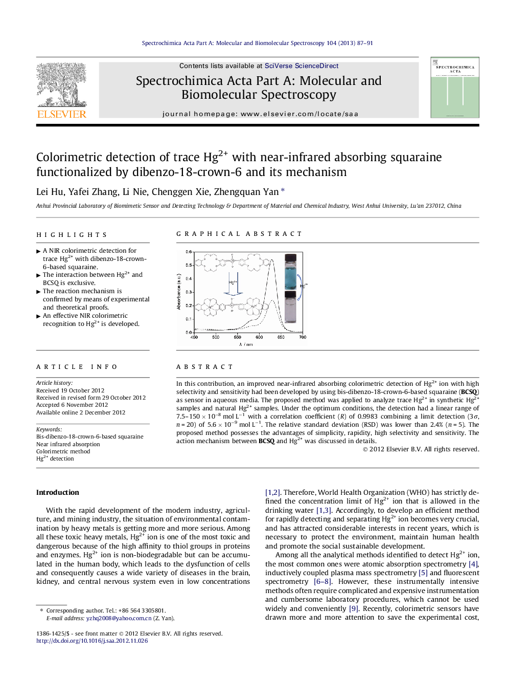 Colorimetric detection of trace Hg2+ with near-infrared absorbing squaraine functionalized by dibenzo-18-crown-6 and its mechanism