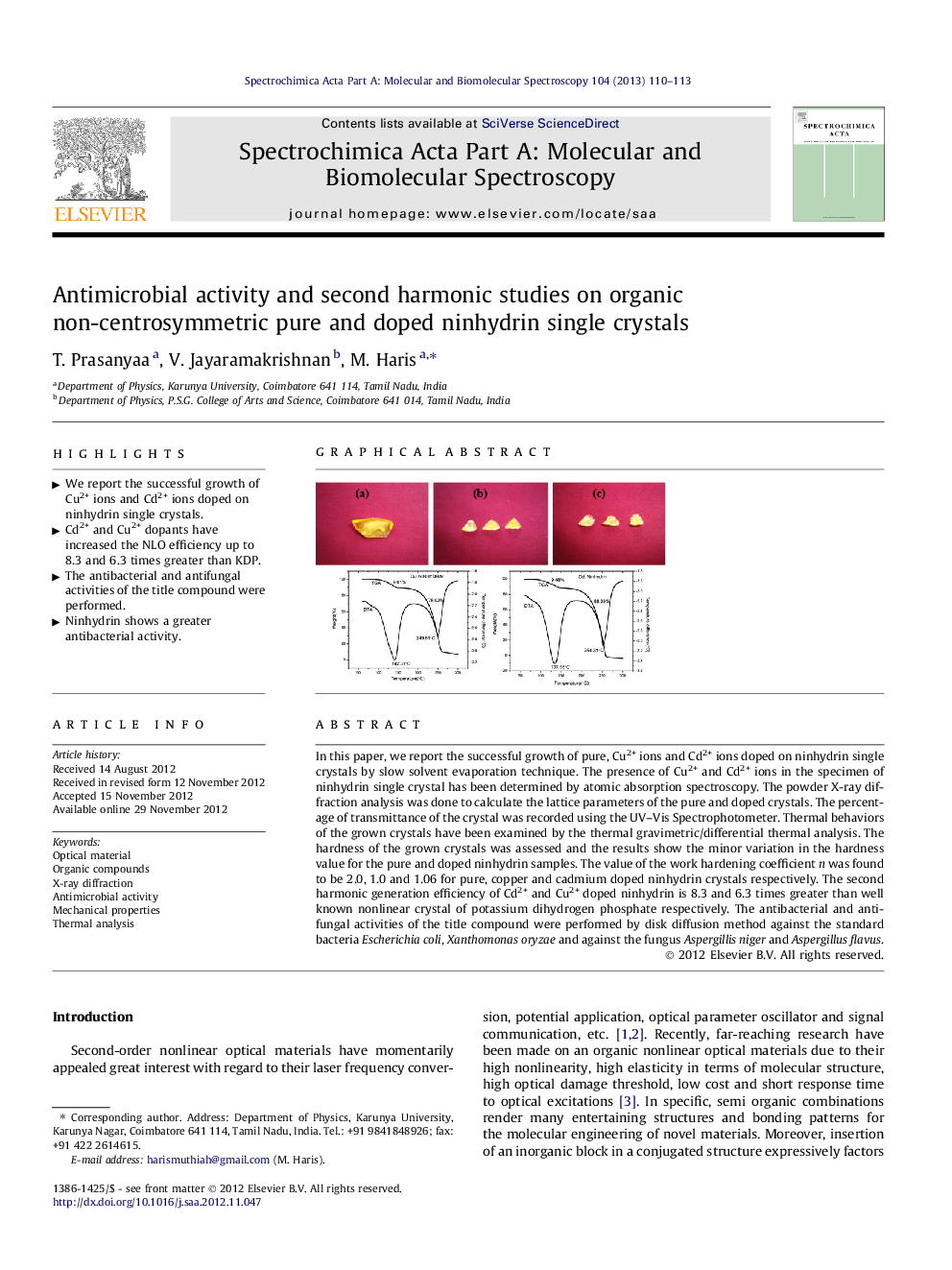 Antimicrobial activity and second harmonic studies on organic non-centrosymmetric pure and doped ninhydrin single crystals