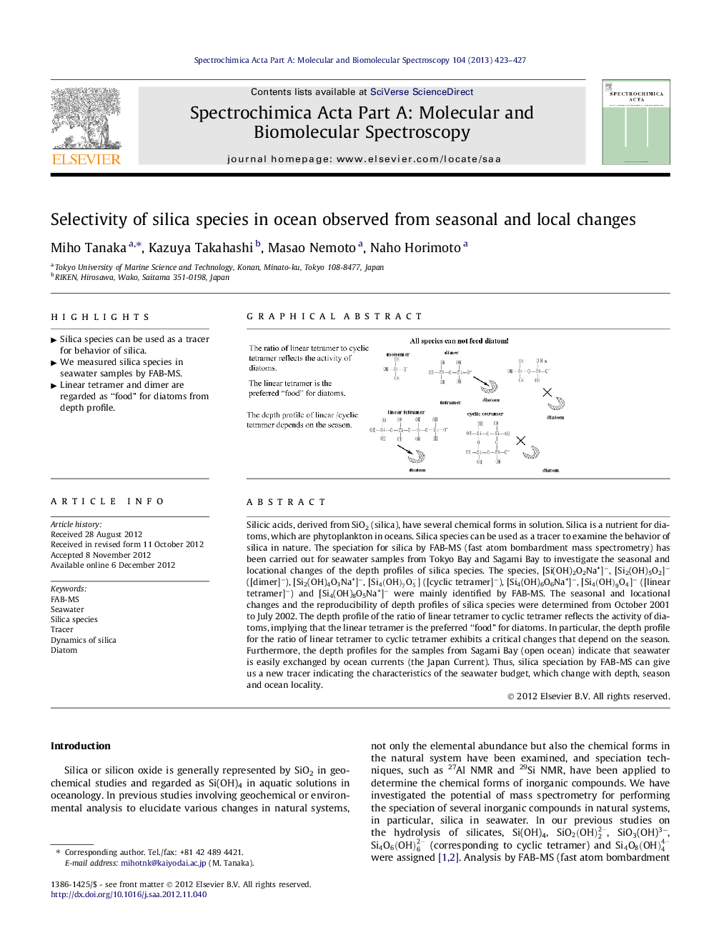 Selectivity of silica species in ocean observed from seasonal and local changes