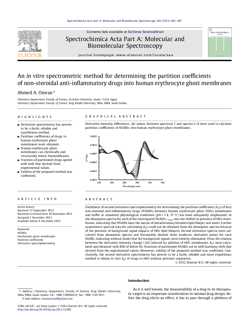 An in vitro spectrometric method for determining the partition coefficients of non-steroidal anti-inflammatory drugs into human erythrocyte ghost membranes