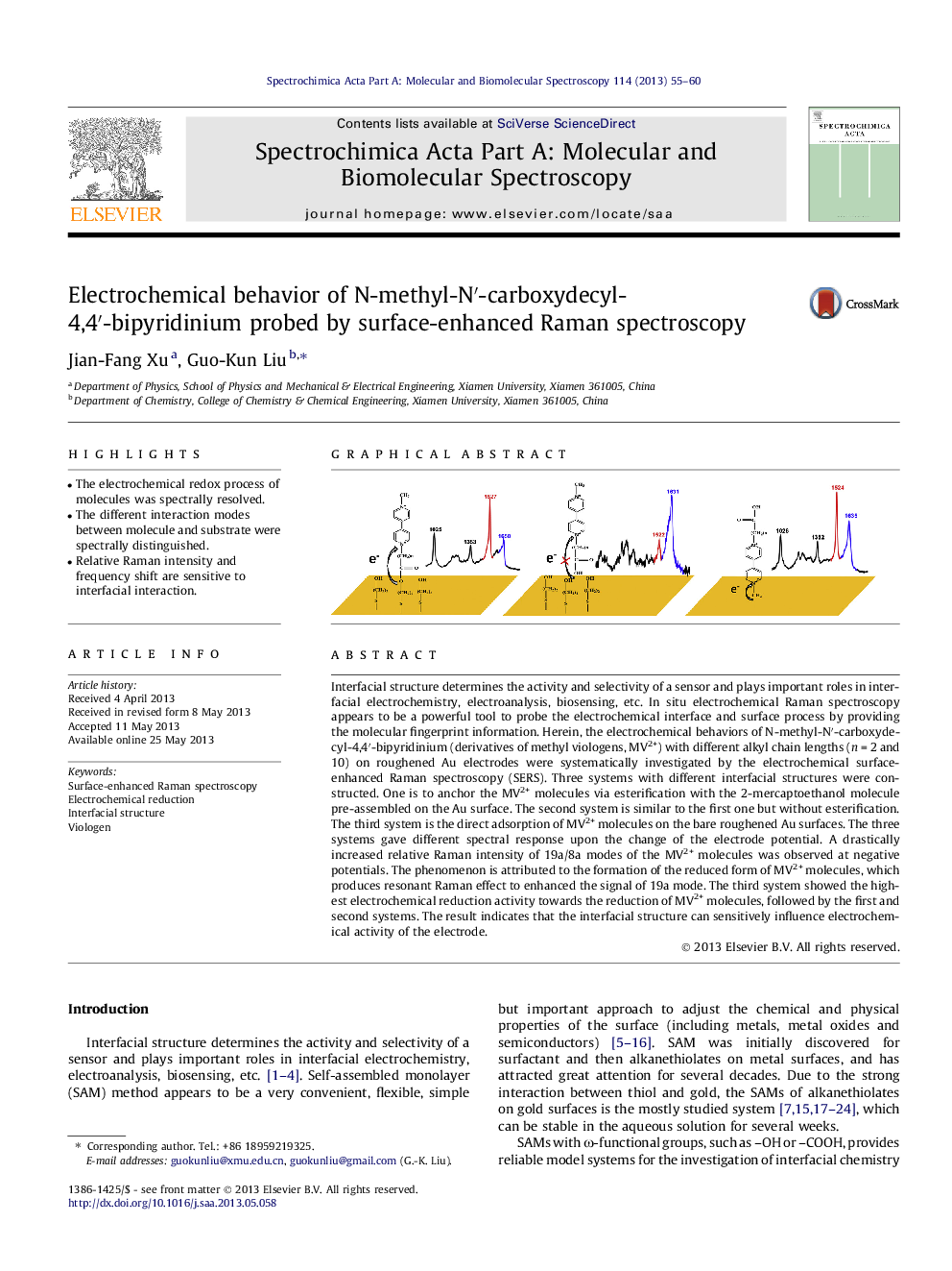 Electrochemical behavior of N-methyl-N′-carboxydecyl-4,4′-bipyridinium probed by surface-enhanced Raman spectroscopy