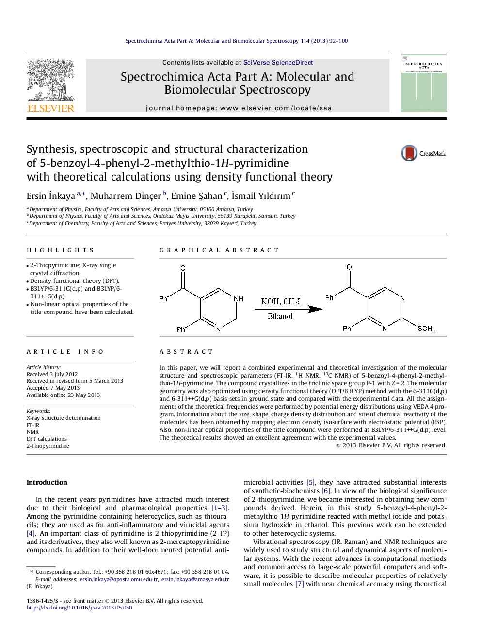 Synthesis, spectroscopic and structural characterization of 5-benzoyl-4-phenyl-2-methylthio-1H-pyrimidine with theoretical calculations using density functional theory