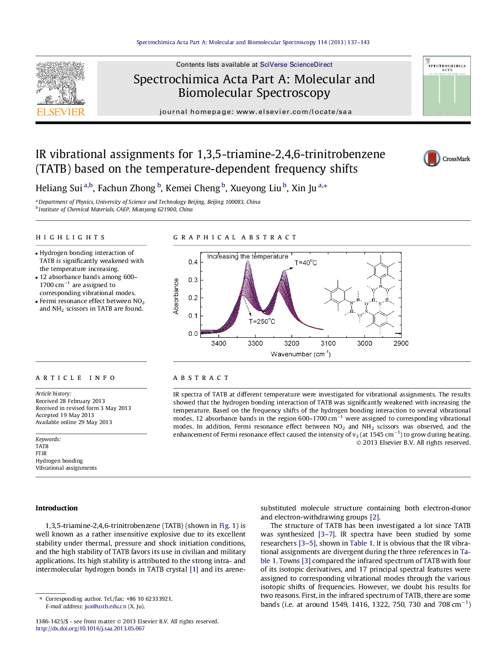 IR vibrational assignments for 1,3,5-triamine-2,4,6-trinitrobenzene (TATB) based on the temperature-dependent frequency shifts