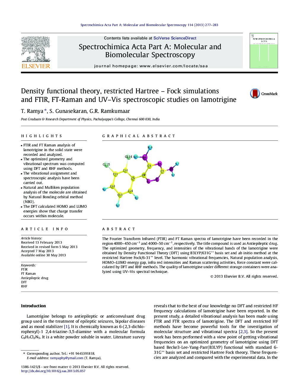 Density functional theory, restricted Hartree – Fock simulations and FTIR, FT-Raman and UV–Vis spectroscopic studies on lamotrigine