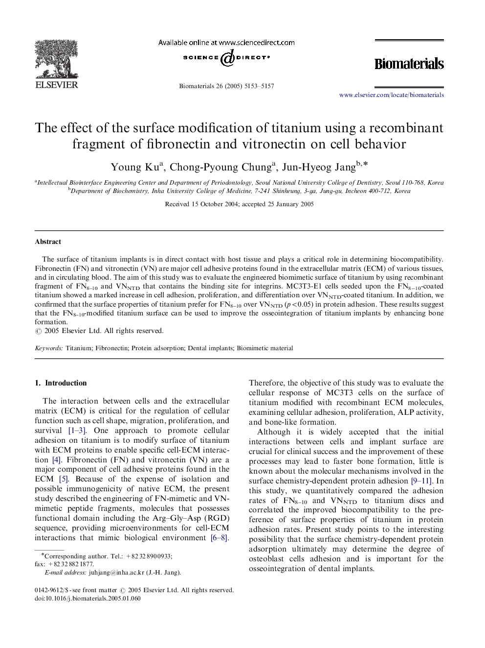 The effect of the surface modification of titanium using a recombinant fragment of fibronectin and vitronectin on cell behavior