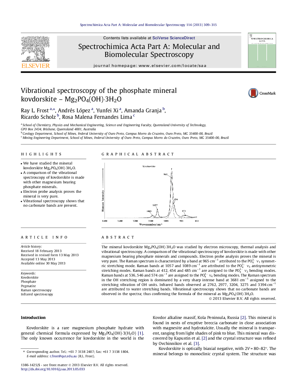 Vibrational spectroscopy of the phosphate mineral kovdorskite – Mg2PO4(OH)⋅3H2O