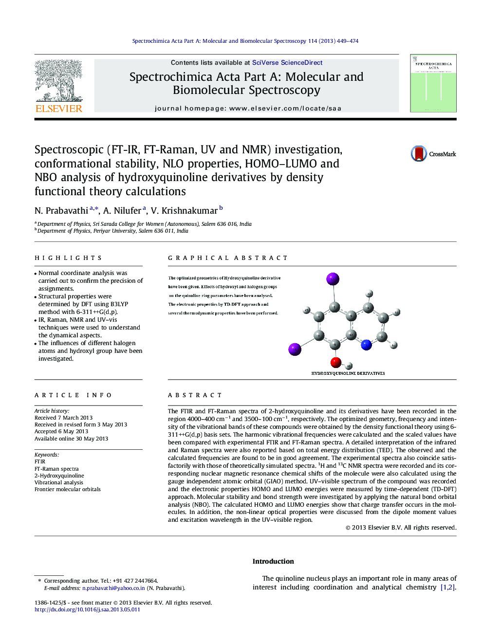Spectroscopic (FT-IR, FT-Raman, UV and NMR) investigation, conformational stability, NLO properties, HOMO–LUMO and NBO analysis of hydroxyquinoline derivatives by density functional theory calculations