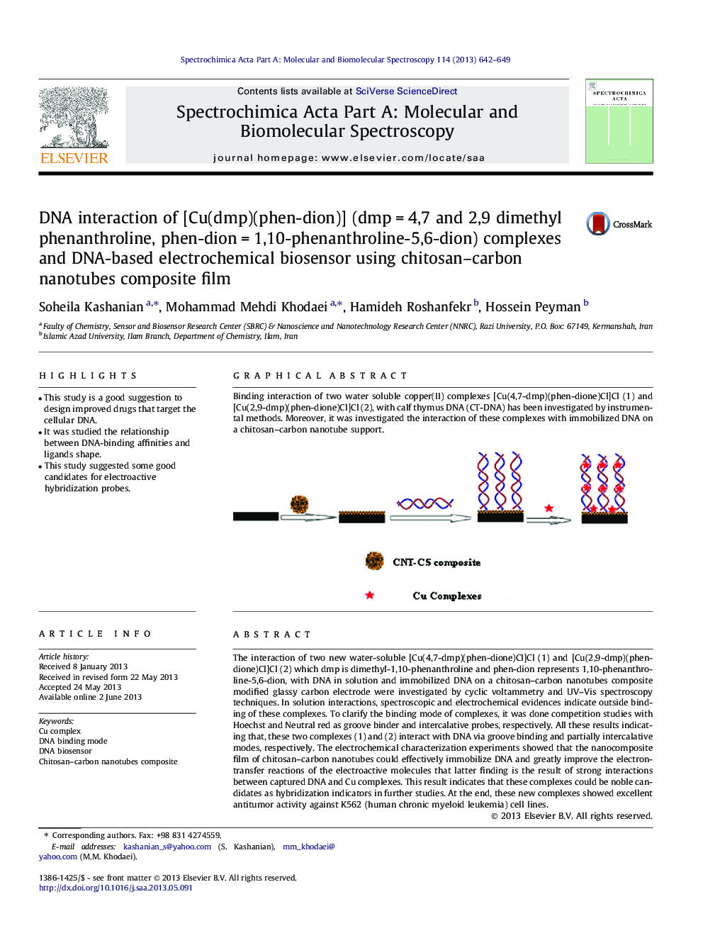 DNA interaction of [Cu(dmp)(phen-dion)] (dmp = 4,7 and 2,9 dimethyl phenanthroline, phen-dion = 1,10-phenanthroline-5,6-dion) complexes and DNA-based electrochemical biosensor using chitosan–carbon nanotubes composite film