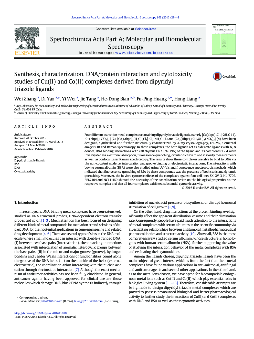 Synthesis, characterization, DNA/protein interaction and cytotoxicity studies of Cu(II) and Co(II) complexes derived from dipyridyl triazole ligands